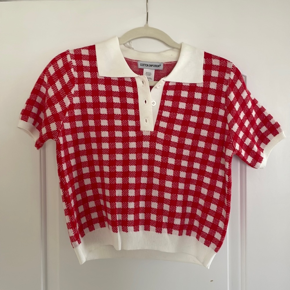 Cotton Emporium Red and White Checked Pullover Sweater